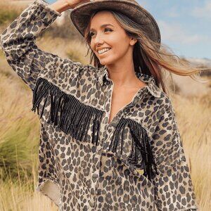 Leopard Fringe‎ Detail Collared Neck Denim Jacket